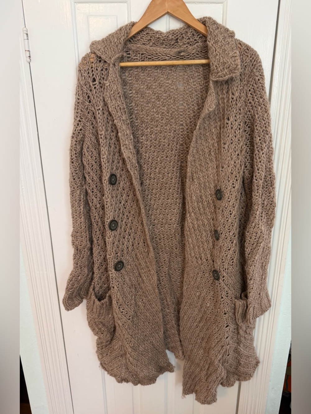 Free People Open-Knit Button Front Cardigan Sweater - Light Brown